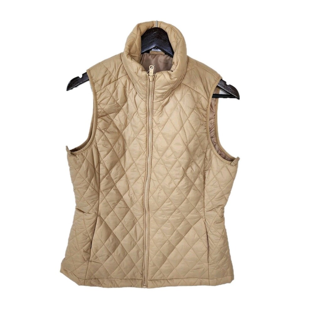 Lands' End Women's Quilted Puffer Vest Size S Small Tan Beige Full Zip New NWT